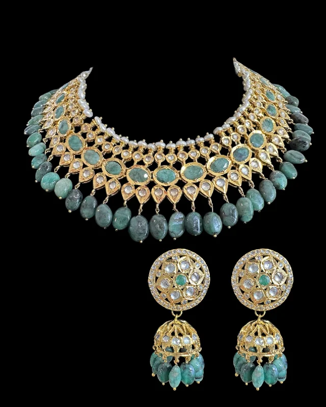 Luxury Gold Necklace-DNS182  Aleezay necklace with emerald stones ( READY TO SHIP  )