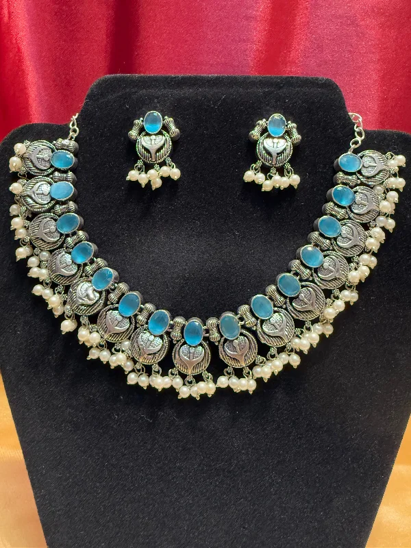 Luxury Gold Necklace-Appealing Light Blue Stoned Oxidized Pearl Beaded Necklace With Earring Set