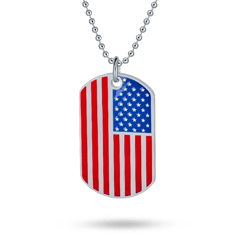 Dainty Gold Necklace-Patriotic Flag Star Dog Tag Pendant Necklace for Men in Red White Blue Stripes