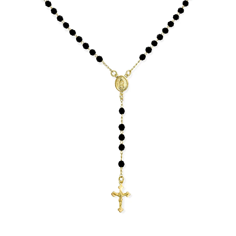 Colored Stone Necklace-Religious Black Bead Rosary Necklace with Virgin Mary and Crucifix Cross 18K Gold Plated