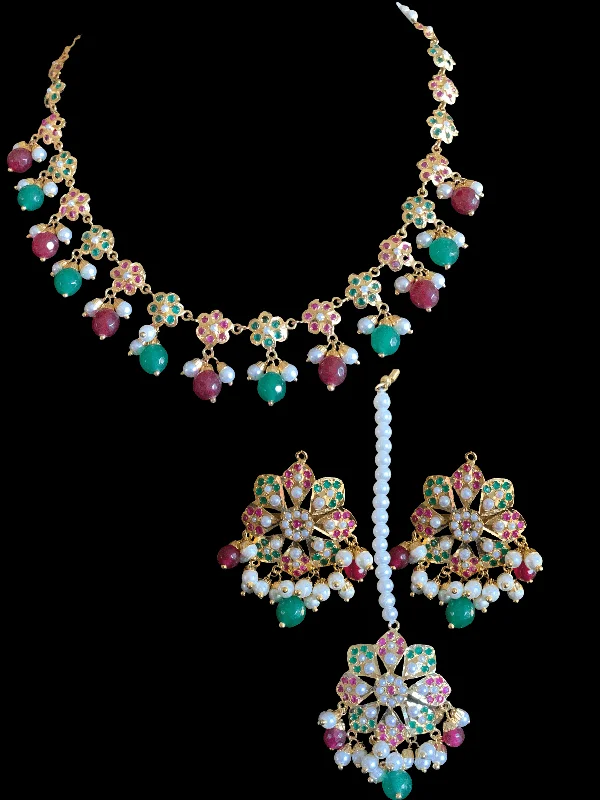 Trendy Long Necklace-NS327 Alea punjabi Jadau necklace  set - ruby emerald   (READY TO SHIP)