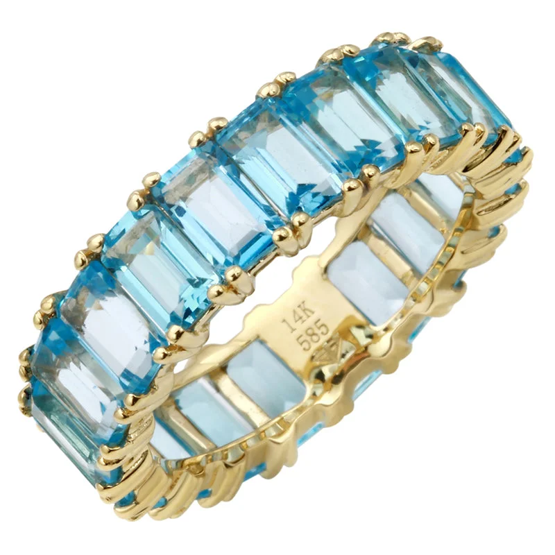 Large Emerald Ring-14k Gold Emerald Cut Blue Topaz Eternity Band