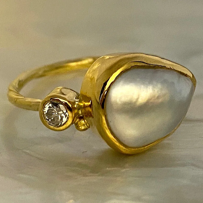 Dainty Engagement Ring-Cocktail 18K & 22K Gold Ring w. Pearl & Diamond