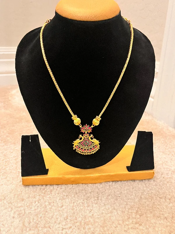 Delicate Chain Necklace-Gorgeous Gold Plated Pink and Green Stoned Necklace For Women