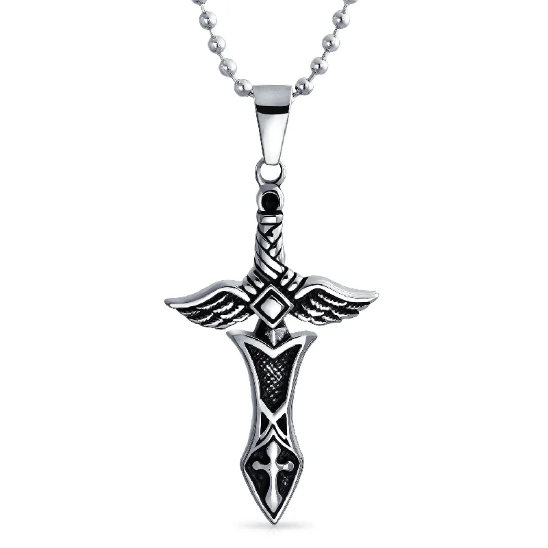 Long Pendant Necklace-Biker Jewelry Men's Royal Sword & Angel Wings Cross Necklace Black Silver Tone Steel