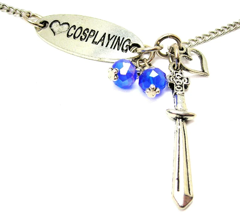 Elegant Necklace with Gemstones-Love Cosplaying And Sword With Cross Lariat Necklace