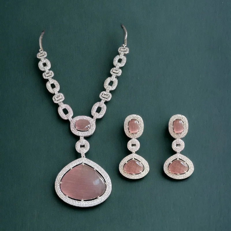 Vintage Beaded Necklace-DNS98 CZ necklace set in pink  - silver plated ( READY TO SHIP )