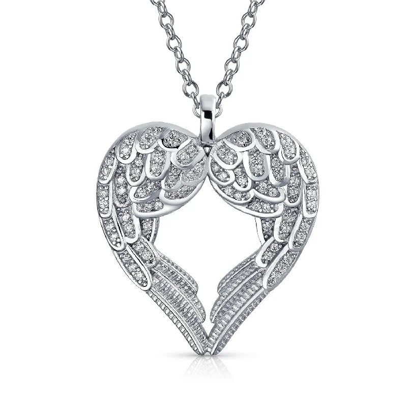 Custom Name Necklace-Pave CZ Heart & Feather Angel Wing Pendant Necklace in Sterling Silver