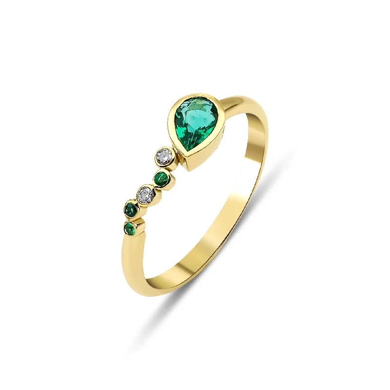 Thin Gold Ring for Women-Seraphina Wing 18K Gold Ring w. Emeralds & Diamonds