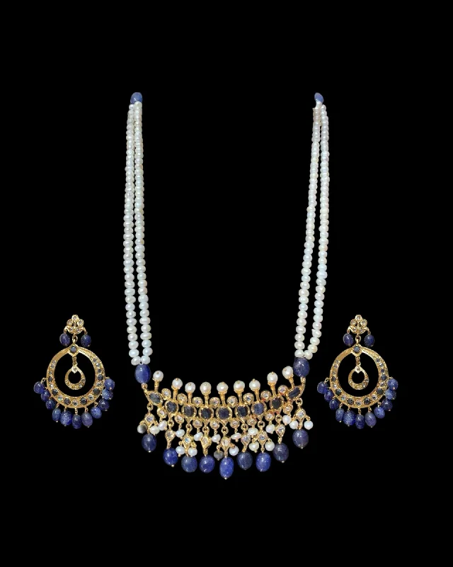 Artistic Statement Necklace-Tirmani Necklace Set with chandbali Earrings – 22K Gold-Plated Jewelry with Freshwater Pearls and sapphire 
 ( SHIPS IN 4 WEEKS  )