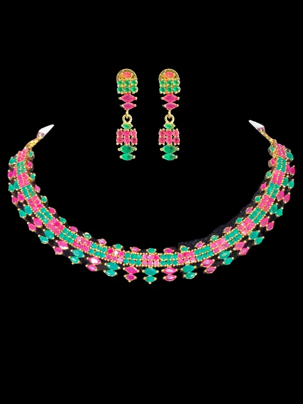 Bold Crystal Necklace-NS336 Rekha necklace set in red green    (READY TO SHIP)