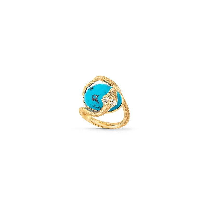 Rose Gold Promise Ring-Snakes 18K Gold Ring w. Diamonds & Turquoise