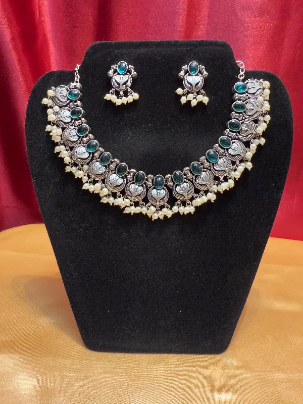 Fashion Necklace for Party-Appealing Emerald Green Stoned Oxidized Pearl Beaded Necklace With Earring Set