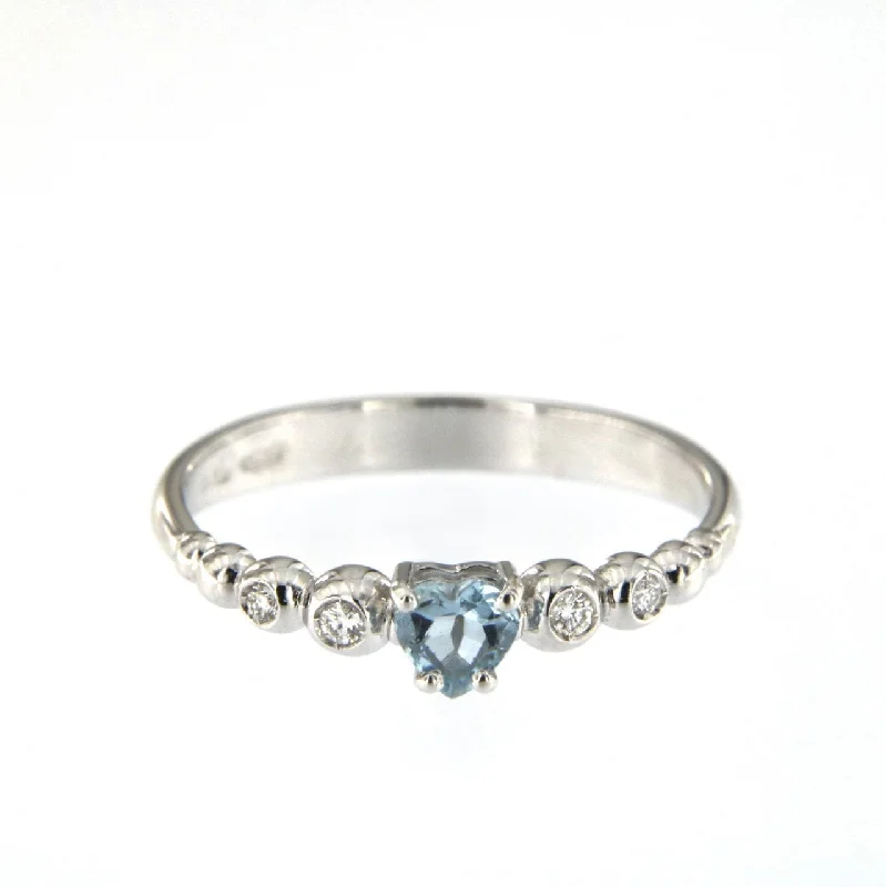 Wedding Band with Emeralds-Bubble Heart 18K White Gold Ring w. Diamonds & Aquamarine