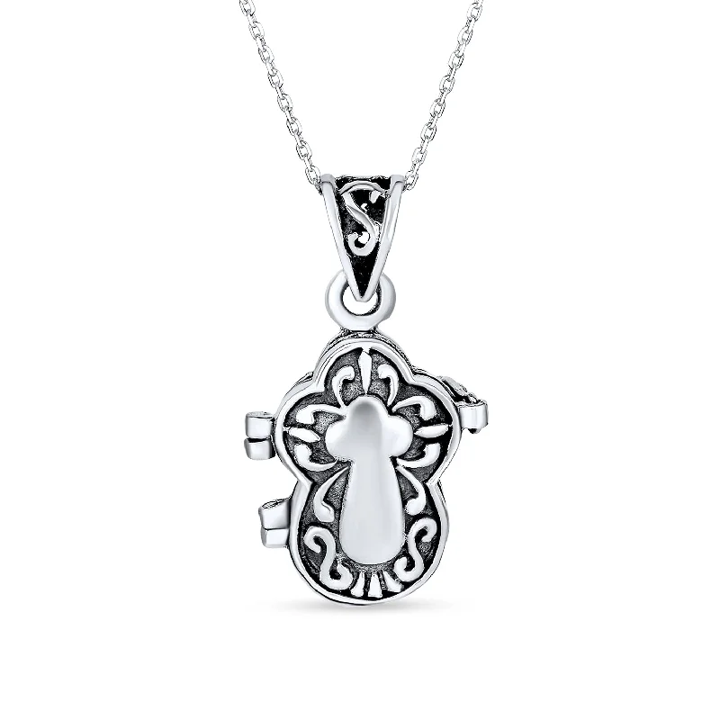 Bohemian Pendant Necklace-Religious Cross Prayer Box Locket Necklace Sterling Silver Memorial Pendant