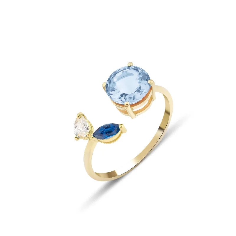 Bezel Set Engagement Ring-Artisia Leaf 18K Gold Ring w. Aquamarine, Diamond & Sapphire