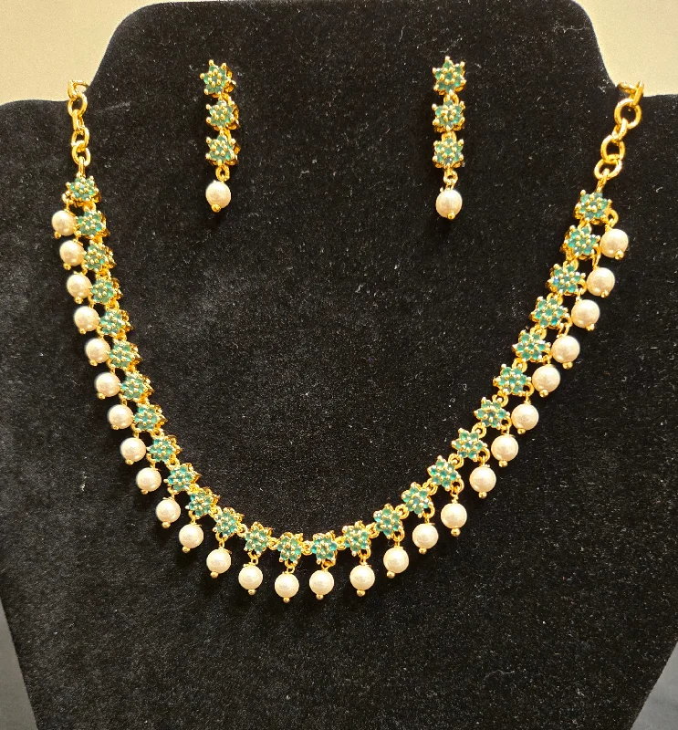 Silver Necklace with Stones-Appealing Emerald Stone Gold Plated Necklace Set With Earrings And Pearl Drops