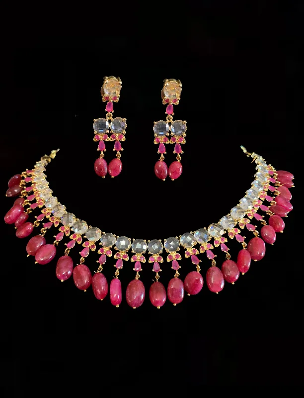 Gemstone Pendant Necklace-NS138 BRENA Hyderabadi necklace set in rubies (READY TO SHIP)