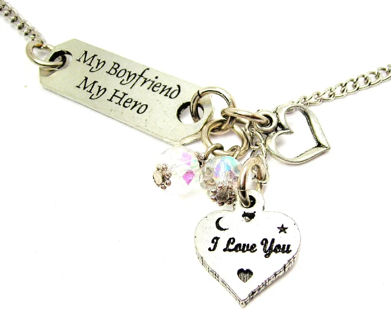 Bridal Pendant Necklace-My Boyfriend My Hero And I Love You Heart Lariat Necklace