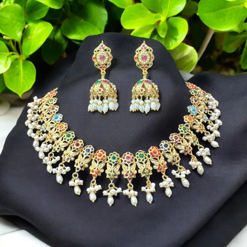 Gold Necklace for Everyday Wear-Navratan / Multicolored Jadau Necklace Set in Gold Plated Silver ( READY TO SHIP )