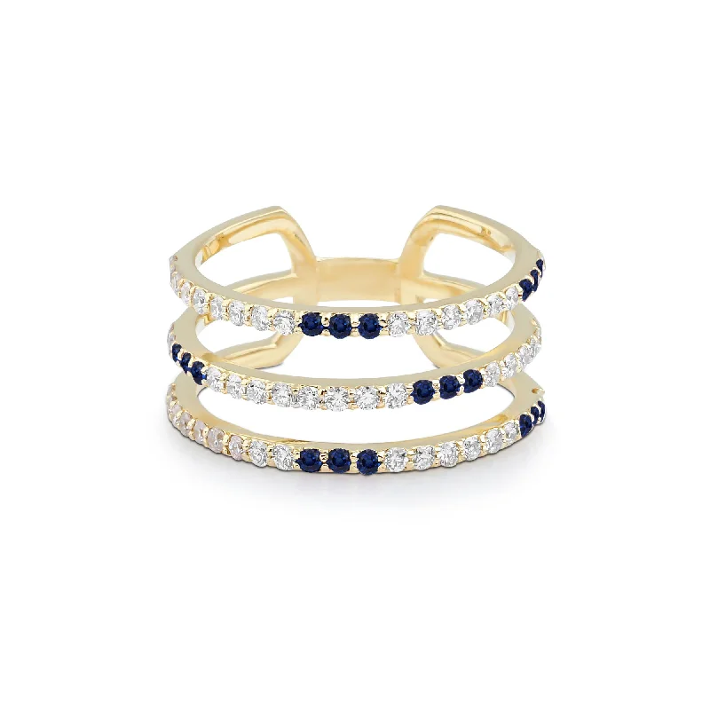 Elegant Sapphire Ring-Artisia Triple Bar 18K Gold Ring w. Diamonds & Sapphire