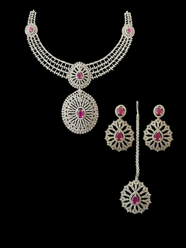 Retro Gold Necklace-DNS172 Cz necklace set with earrings tika  silver plated - Ruby centre stone    (READY TO SHIP)