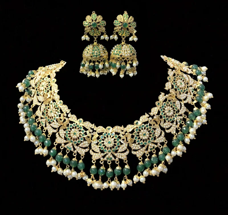 Adjustable Chain Necklace-NS68 Rashmika jadau necklace with jhumka ( emeralds) ( READY TO SHIP)