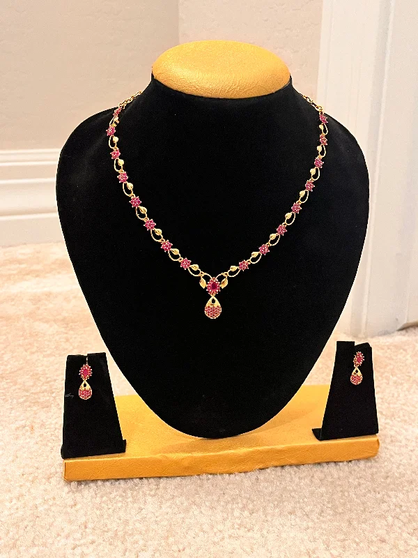 Sterling Silver Pendant Necklace-Gorgeous Gold Plated And Pink Stoned Set For Women