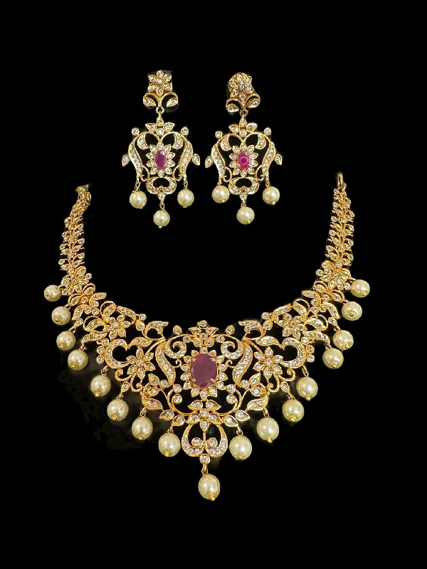 Women’s Name Necklace-DNS107 Cz necklace set in ruby with golden pearls ( READY TO SHIP )