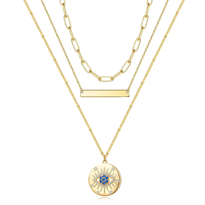 Classic Link Necklace-Dainty 14K Gold Layered Evil Eye Religious Necklace- Gold Evil Eye+Paperclip+Bar Necklaces