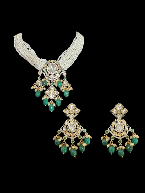 Gold Link Necklace-DNS62 Reema high quality polki necklace set - green ( READY TO SHIP  )