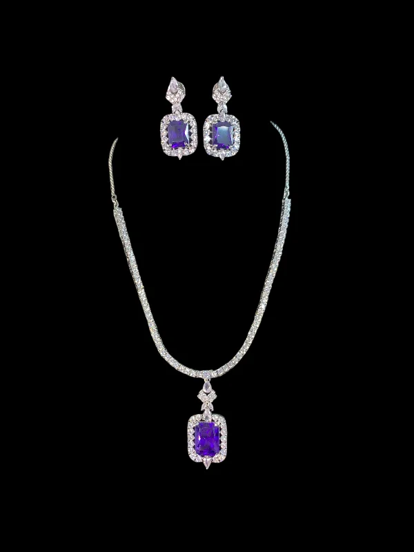 Large Stone Necklace-NS507 Myrha cz necklace set -PURPLE  READY TO SHIP )