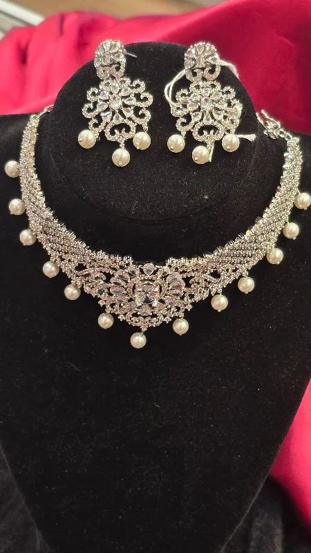 Bold Statement Necklace-Gorgeous AD Jewellery Set With Pearls And Crystals