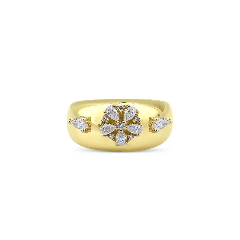 Engagement Ring with Halo-Fleur Bombe 18K Gold Ring w. Diamonds