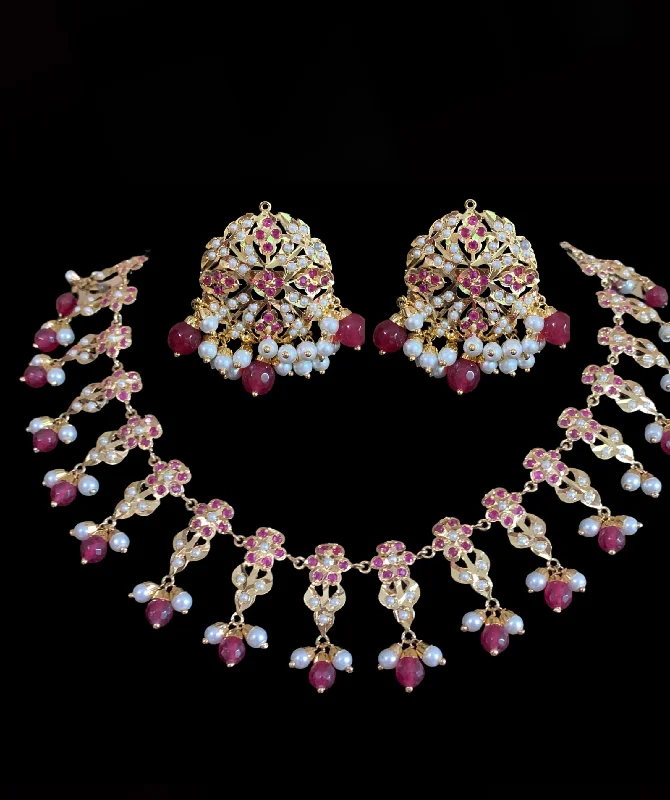 Lightweight Necklace for Women-DNS168 Alea punjabi Jadau necklace  set - ruby   (READY TO SHIP )