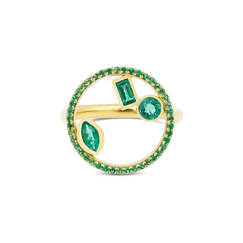 Diamond Halo Engagement Ring-Project 2020 18K Gold Ring w. Emeralds & Diamond