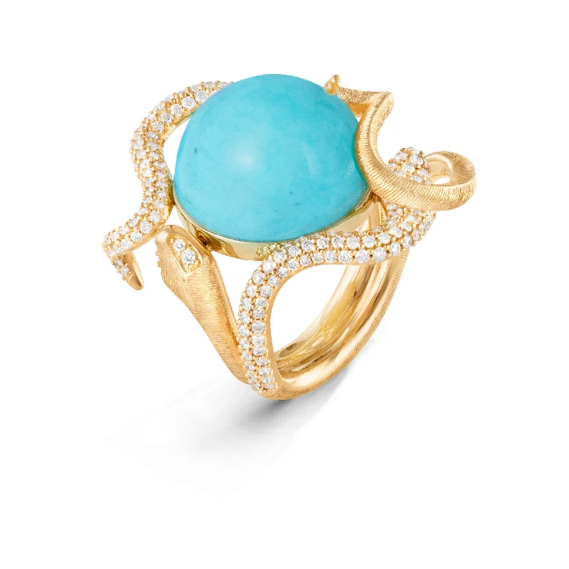 Women’s Designer Engagement Ring-Snakes Pavé 18K Gold Ring w. Diamonds & Turquoise