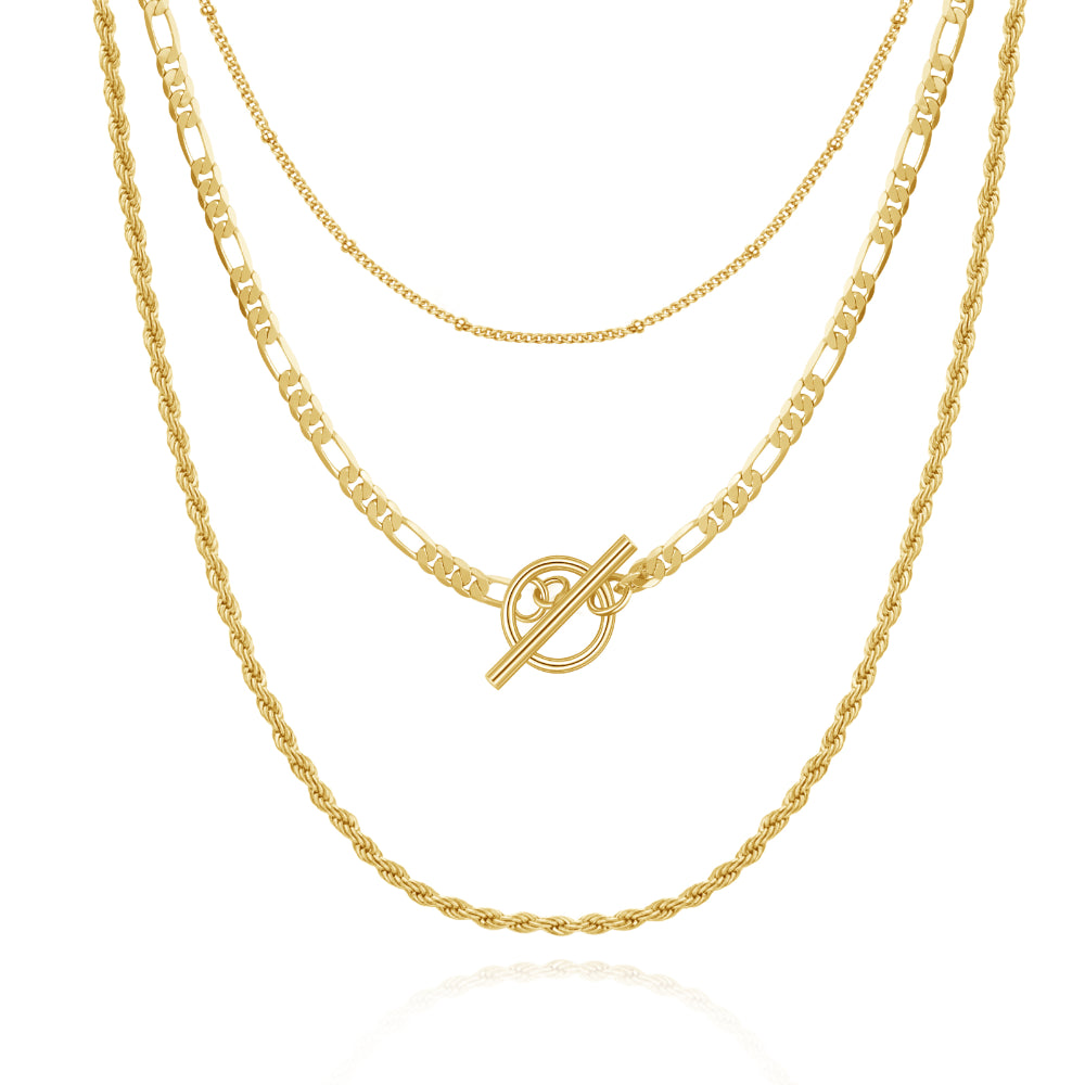 Luxury Pearl Necklace-Dainty 14K Gold Layered Necklaces- Satellite+Figaro+Rope Chain