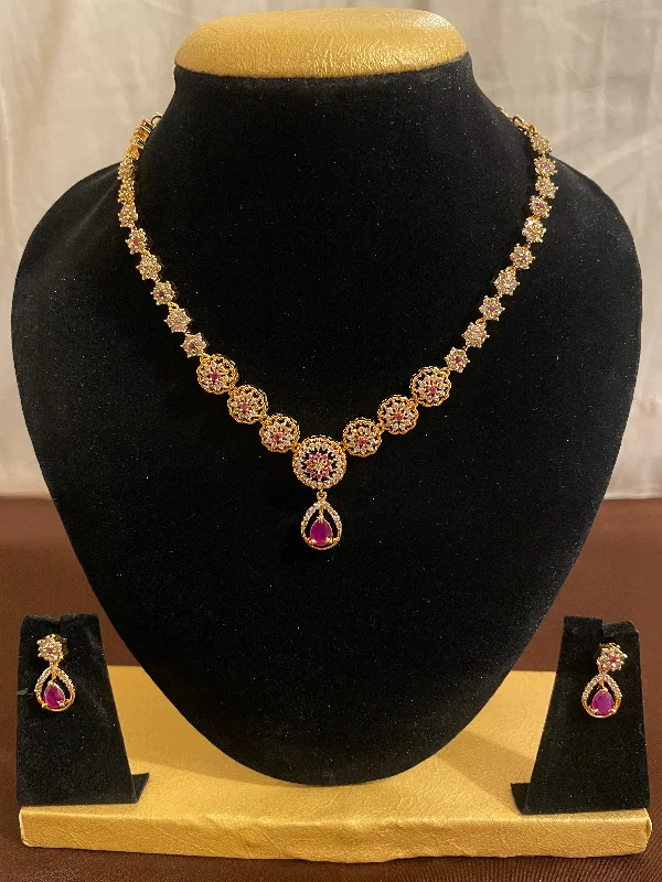 Silver Chain Necklace-Attractive Gold Plated Gold White And Pink Stones Necklace Set With Earrings