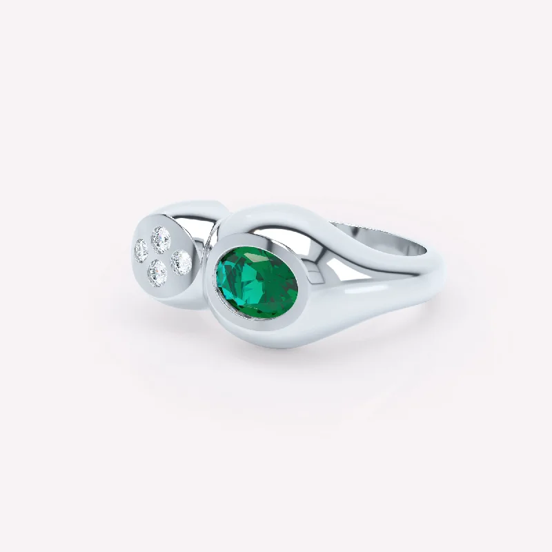 Women’s Designer Engagement Ring-Curve Duo 18K Whitegold Ring w. Emerald & Diamonds