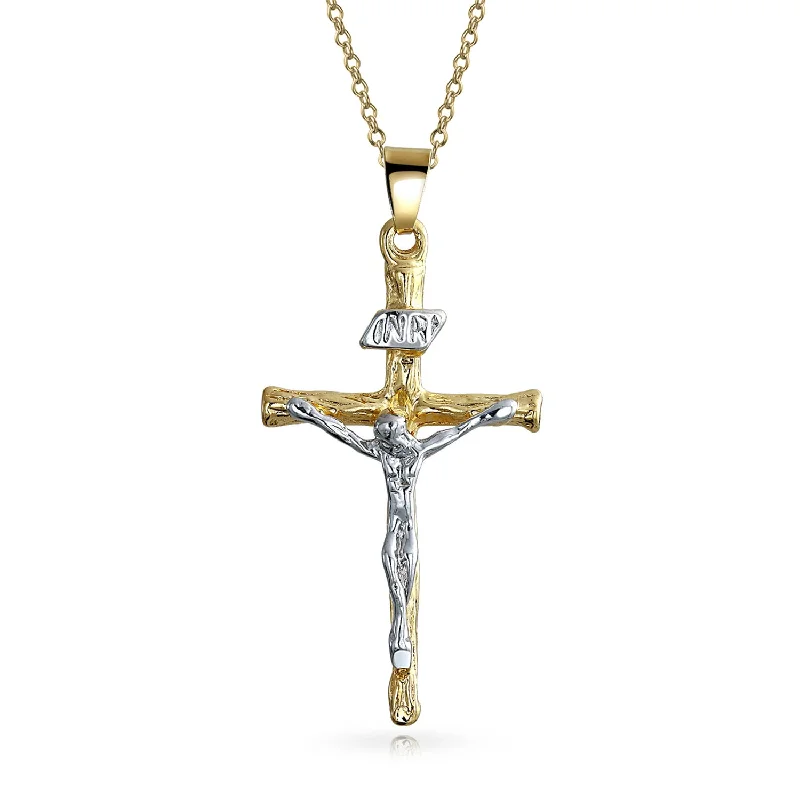 Minimalist Gold Necklace-Traditional Jesus Inri Crucifix Cross Pendant Necklace Two Tone 18K Gold Plated