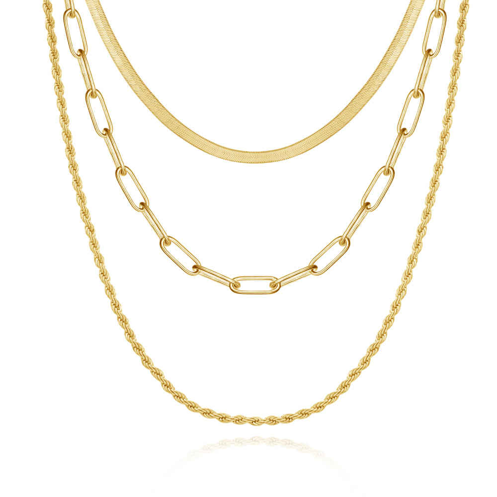 Large Bead Necklace-Dainty 14K Gold Layered Necklaces- Snake+Rope+Paperclip Chain