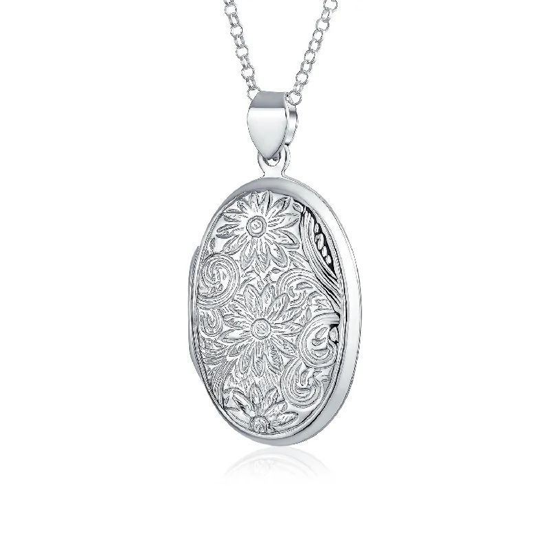 Silver Chain Necklace-Vintage Style Sunflower Photo Oval Sterling Silver Locket Necklace for Pictures