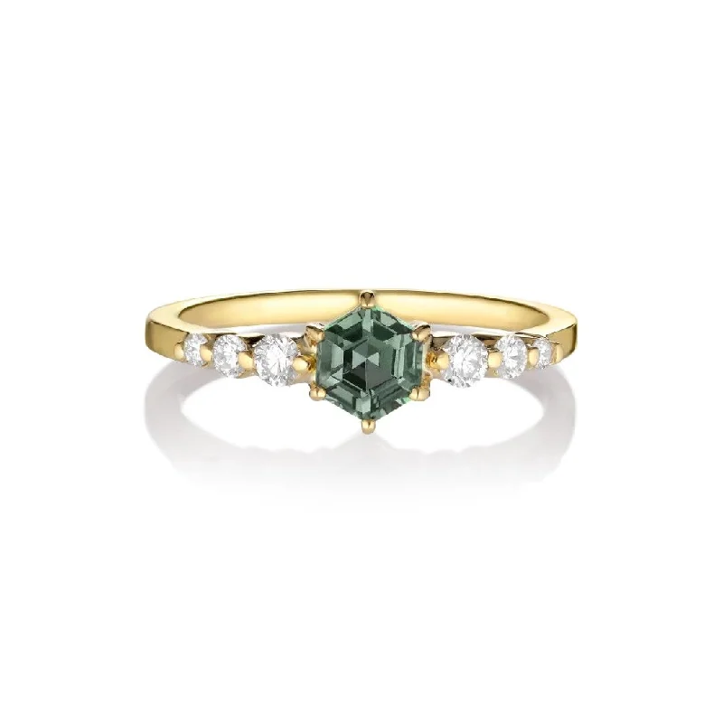 Green Emerald Ring-Adaraya Kola 18K Gold Ring w. Sapphires