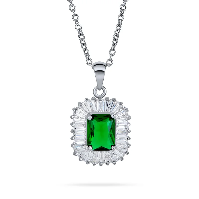 Gold Pendant Necklace-Art Deco Green Baguette CZ Emerald Cut Pendant Necklace Silver Plated