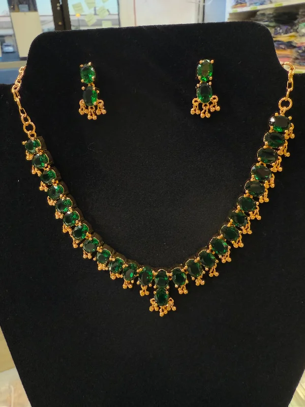 Bridal Pendant Necklace-Alluring Gold Plated Green Color Stoned Necklace With Tear Drops