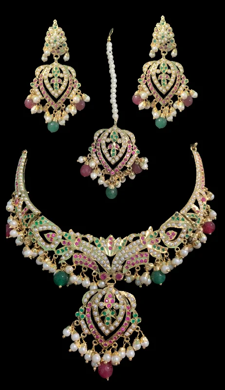 Pearl Choker Necklace-NS329 Taseen necklace set in ruby emerald ( SHIPS IN 4 WEEKS )