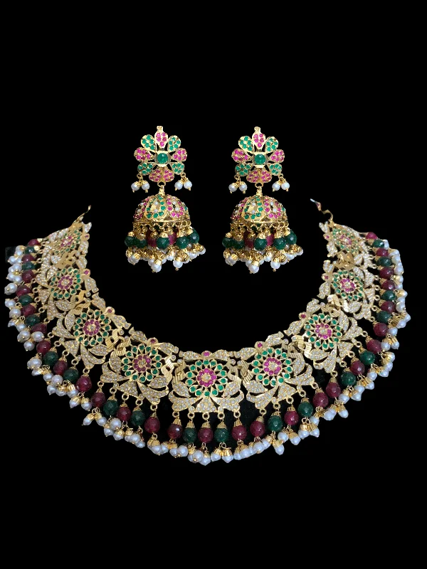 Nature Inspired Necklace-NS69 Rashmika jadau necklace with jhumka ( ruby emerald ) ( READY TO SHIP)