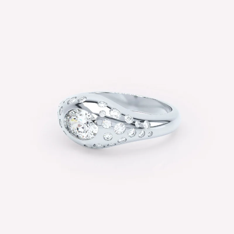 Sterling Silver Engagement Ring-Curve Scattered Signet 18K Whitegold Ring w. Diamonds