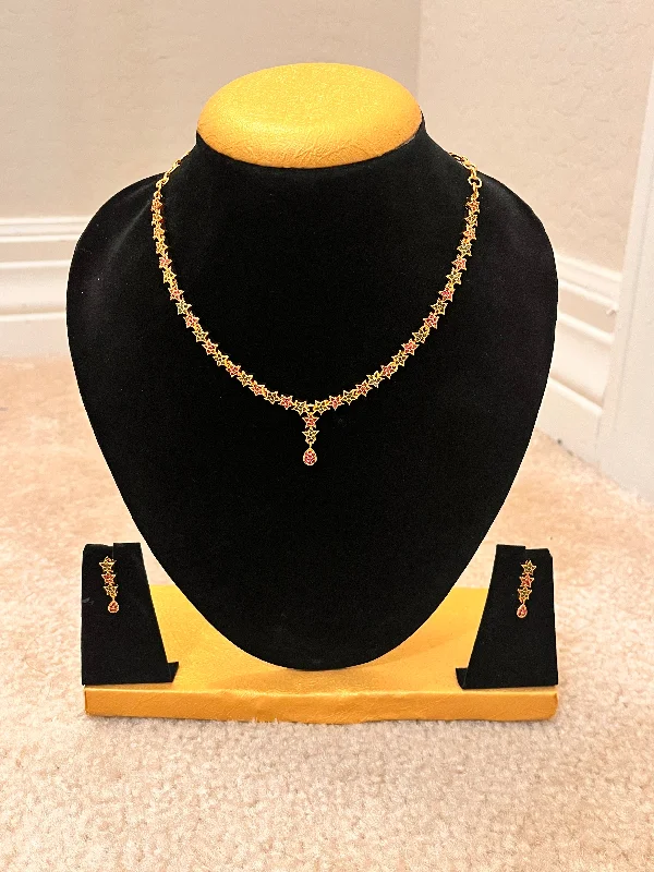 Designer Necklace for Women-Gorgeous Gold Plated Green and Pink Stoned Necklace Set For Women